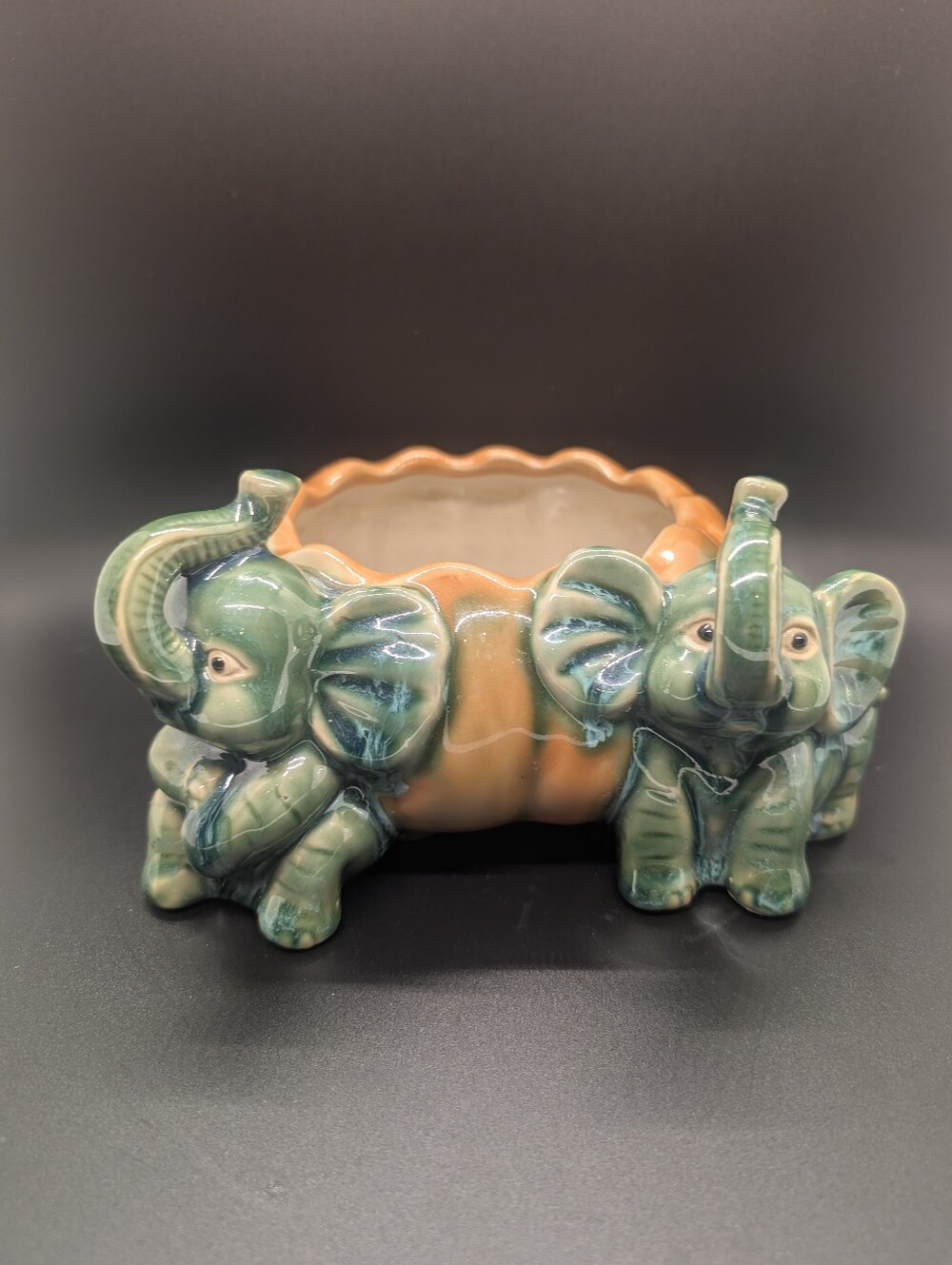 Vintage MCM Elephant Succulent Planter Majolica Style Glazed Painted Art Display
